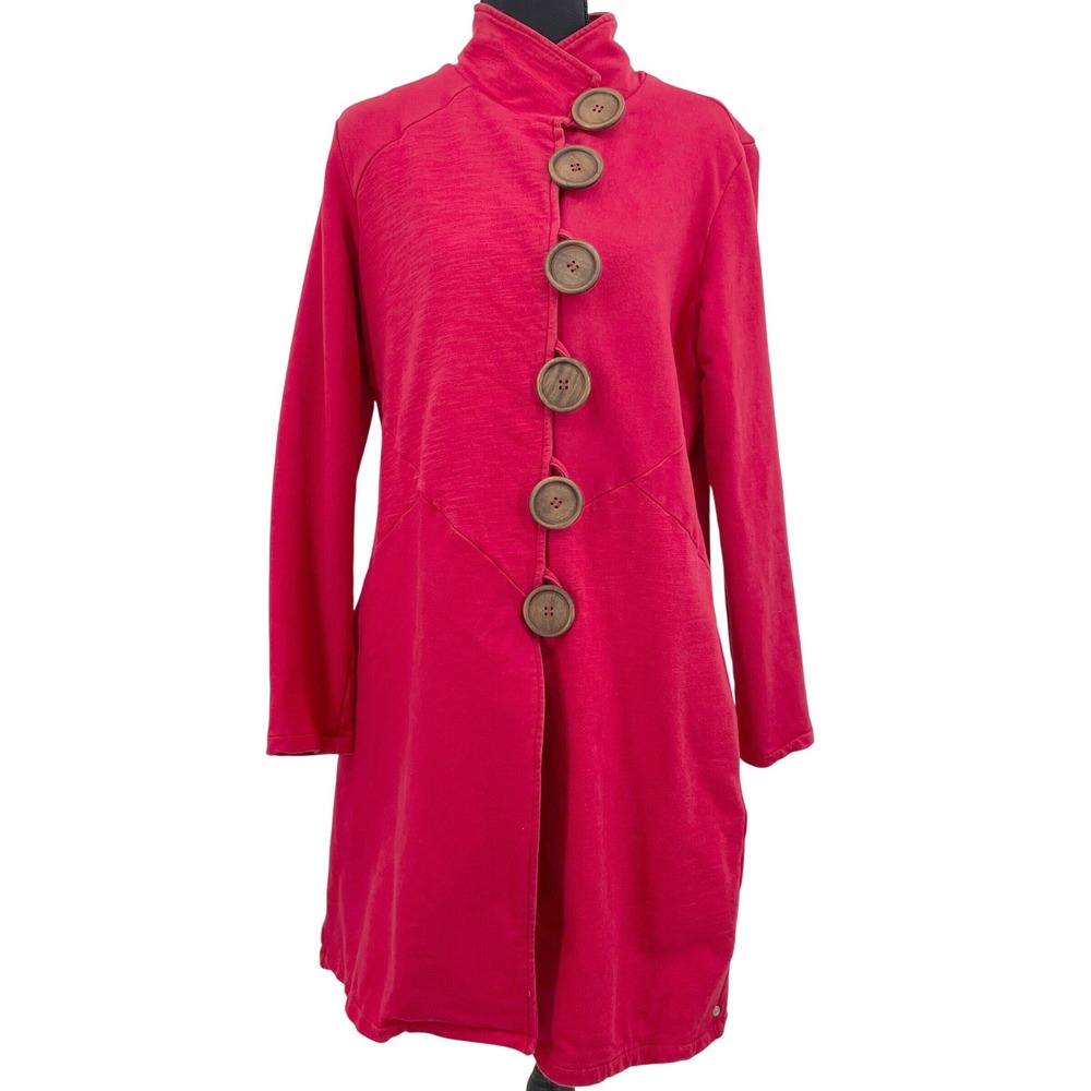 Neon Buddha Red Cotton Jersey Mock Neck Cardigan Jacket Wood Buttons Womens M‎